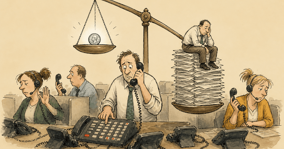 A watercolor agency owner staring at a wall of aged leads while dialing a phone