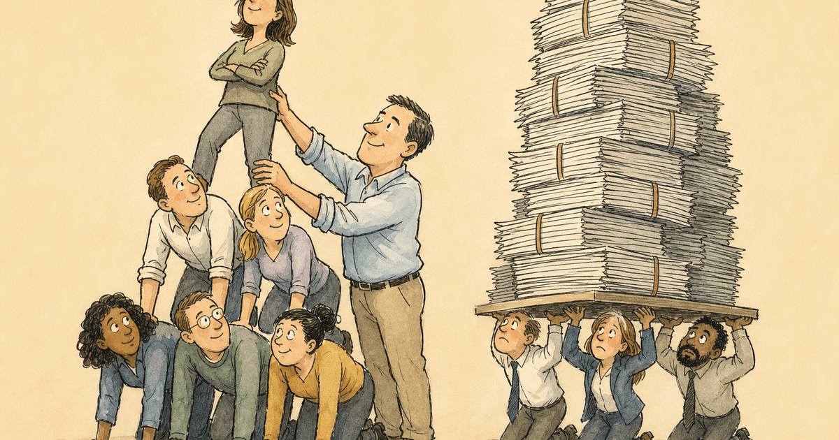 Watercolor editorial cartoon of an insurance agency team rallying around a visible performance scoreboard.