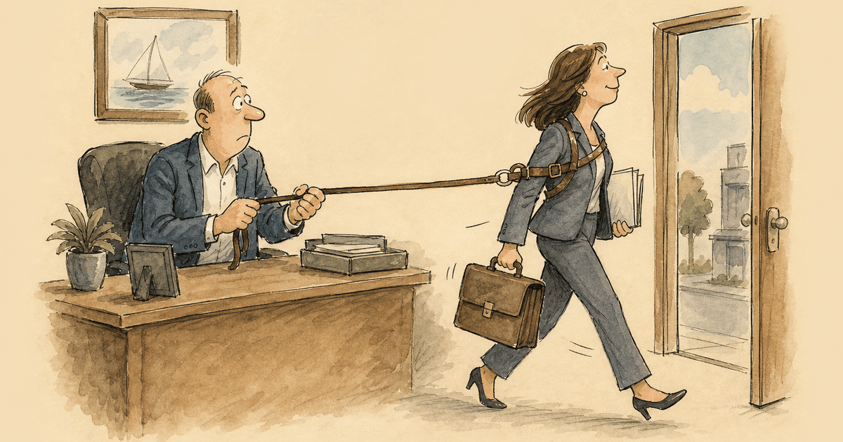 Watercolor editorial cartoon of a captive-trained producer courted by a carrier as her agency owner counters.