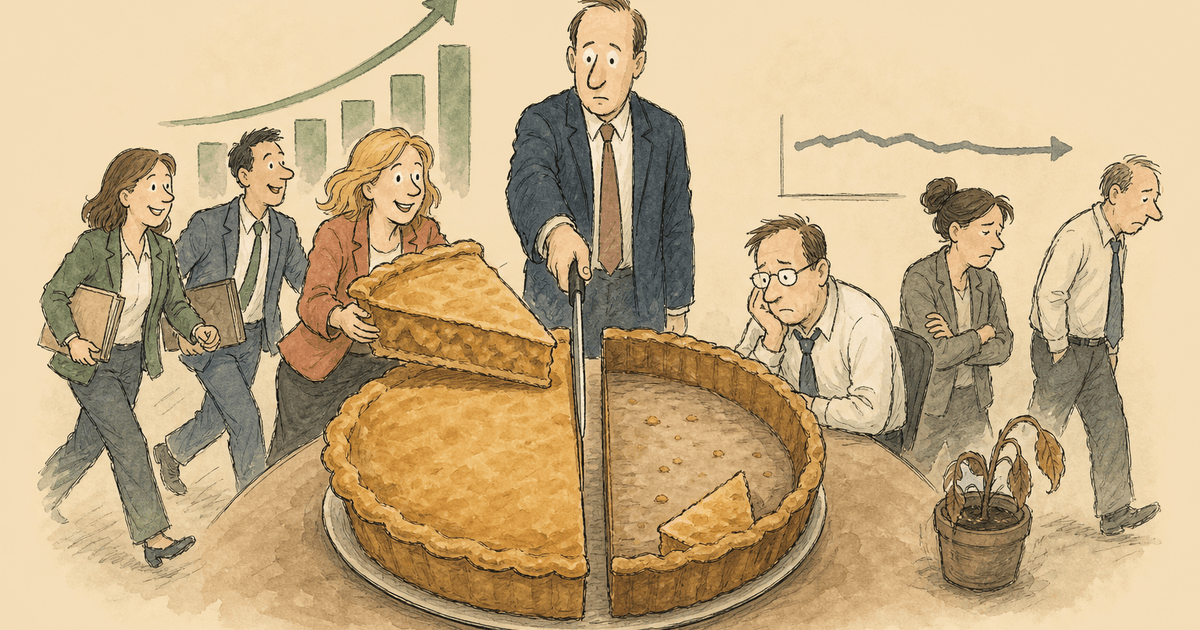 Watercolor editorial cartoon of an agency owner watching a generous commission split drain his own growth.
