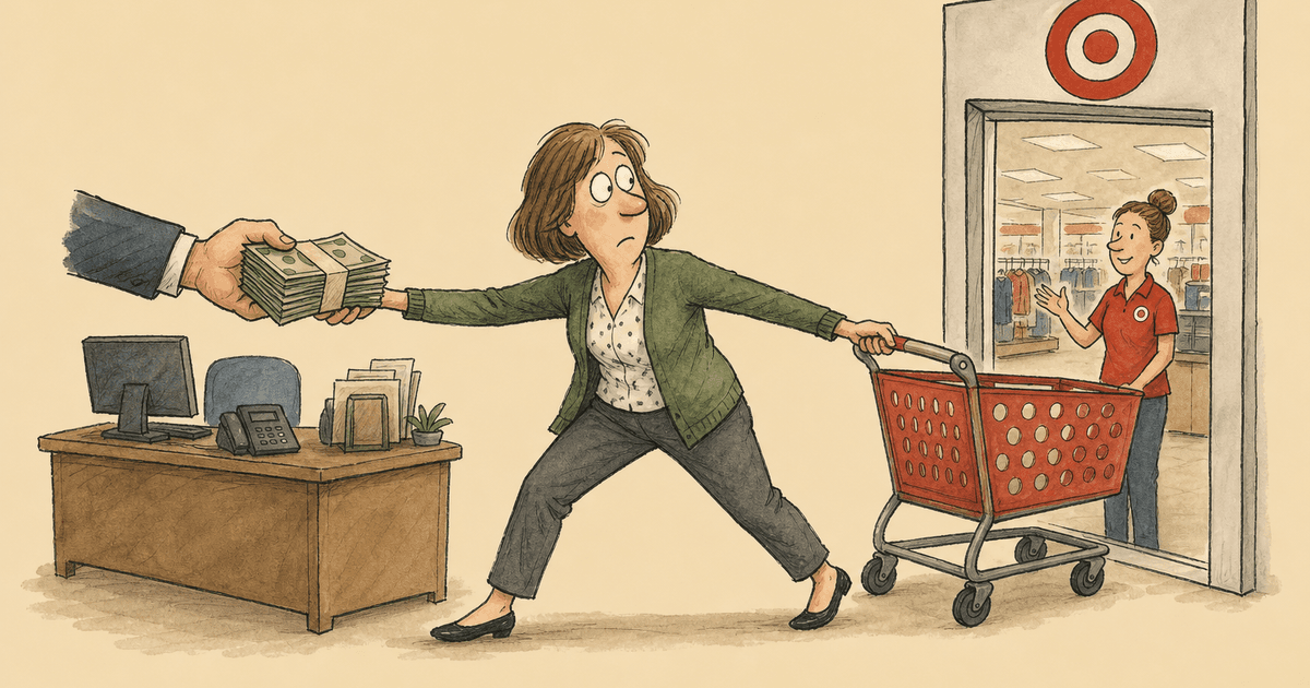 Watercolor editorial cartoon of an underpaid insurance CSR eyeing a better-paying retail job across the street.