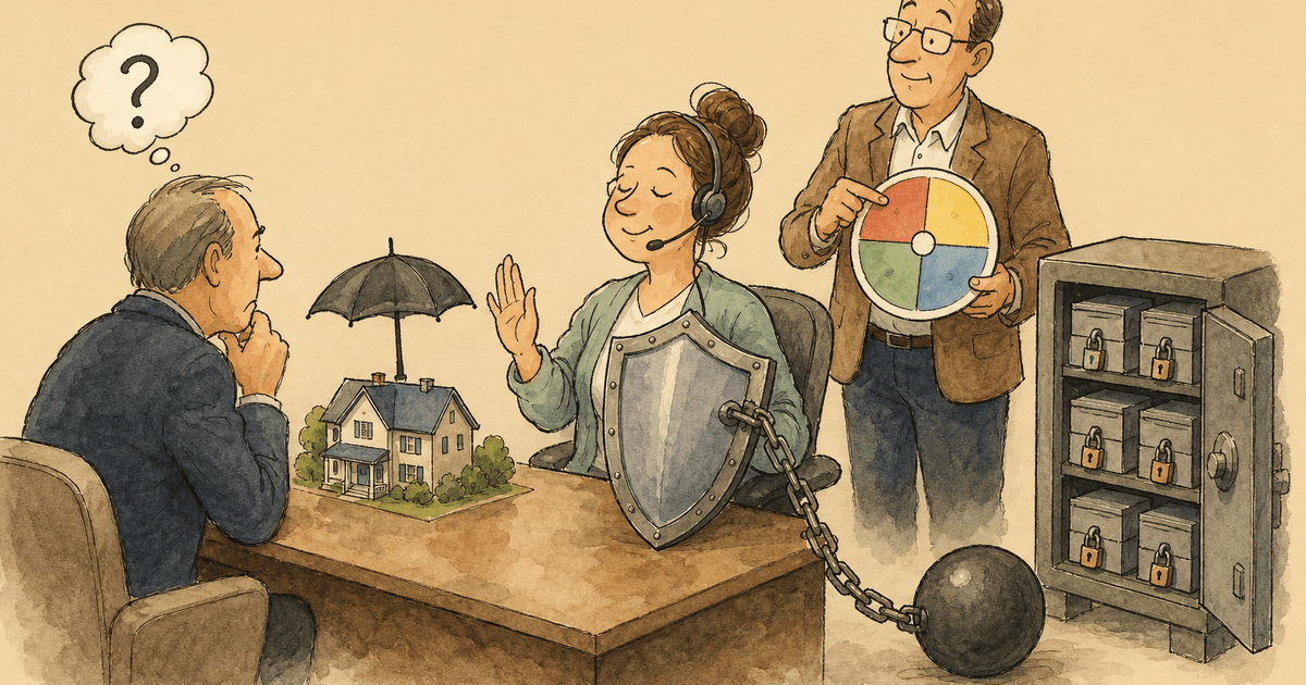 Watercolor editorial cartoon of a long-tenured CSR who never challenges a prospect, a DISC behavior case.