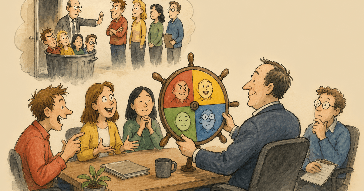 Watercolor editorial cartoon of an agency manager using DISC to understand how to lead rather than whom to hire.
