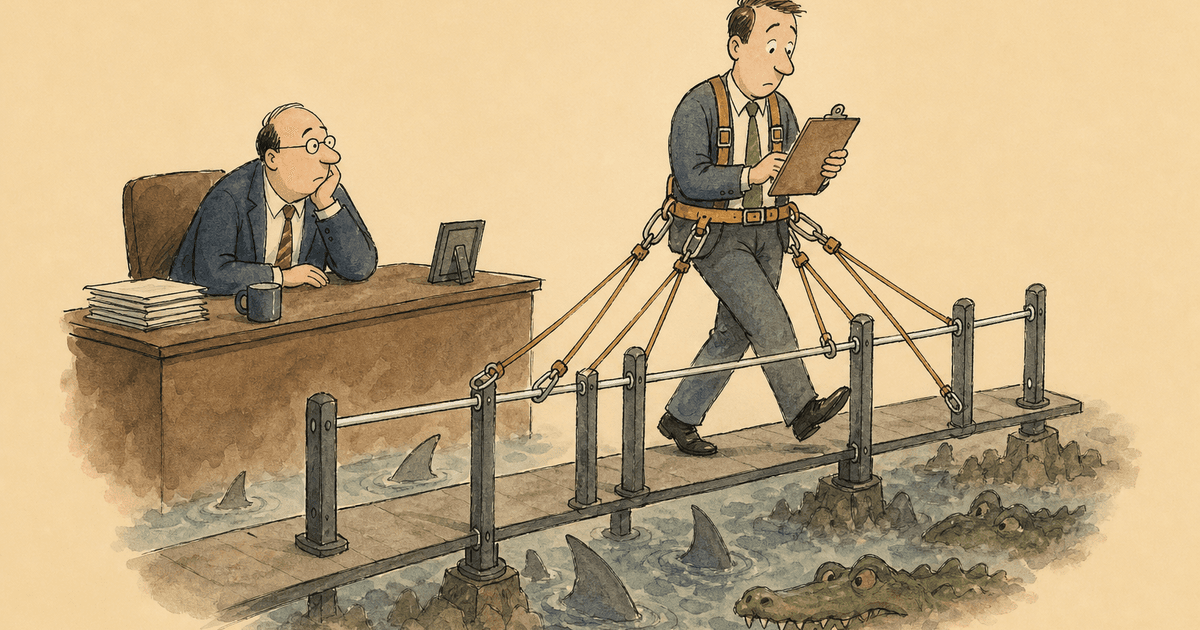 Watercolor editorial cartoon of a veteran new hire insisting on doing things his own way.