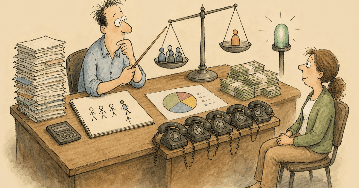 Watercolor editorial cartoon of a solo insurance agent nervously making his first hire.