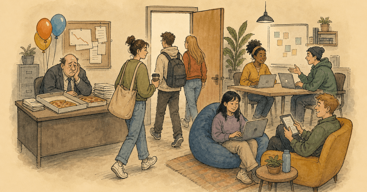 Watercolor editorial cartoon of a Gen Z insurance hire wanting flexibility and purpose over a pizza party.