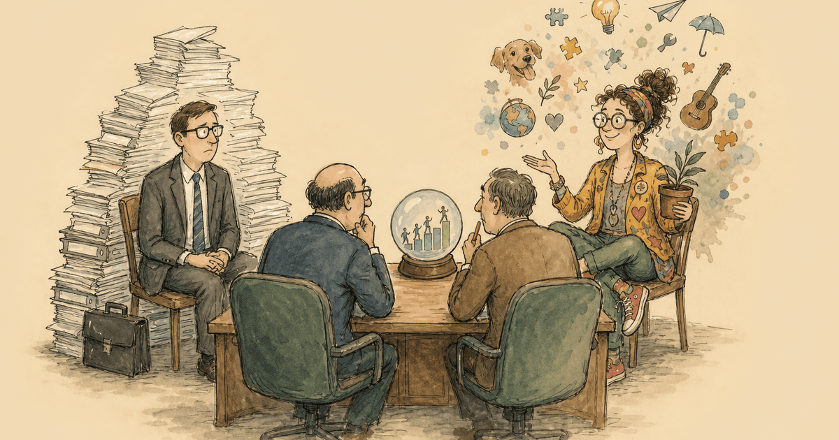Watercolor editorial cartoon contrasting a polished licensed candidate with a high-performing career-changer.