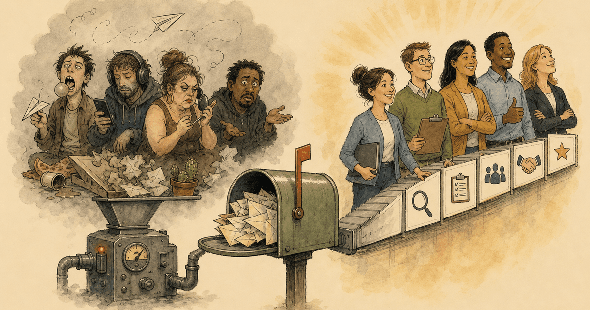 Watercolor editorial cartoon of an agency owner recounting hiring nightmares turned into success stories.