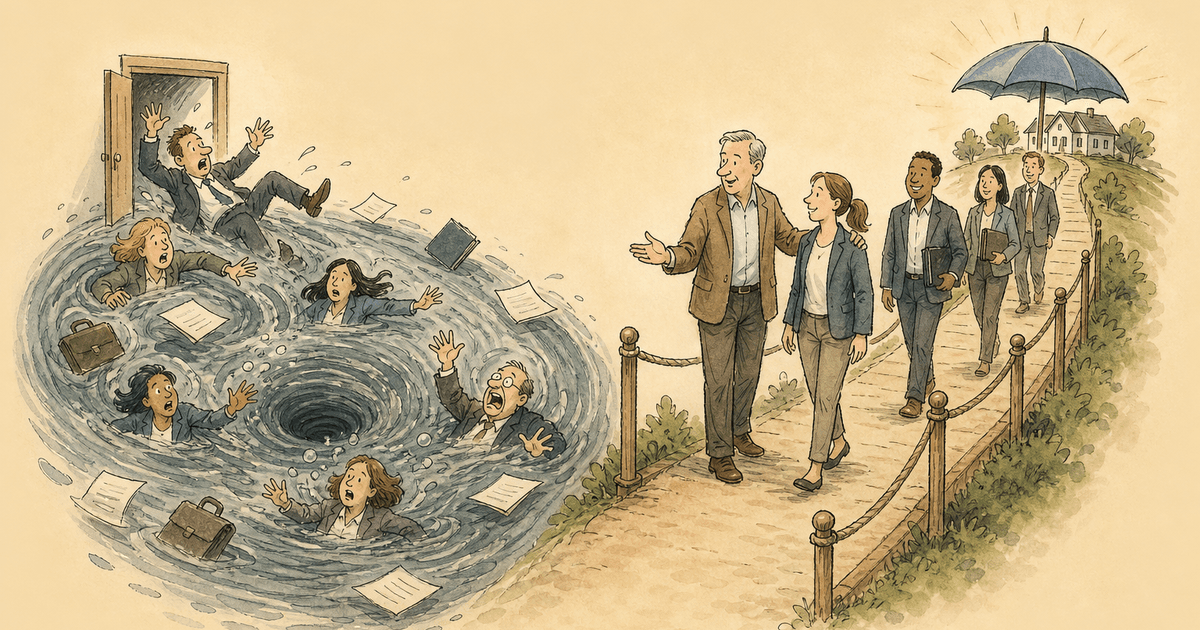 Watercolor editorial cartoon of new insurance agents at a cliff, most not surviving year one.