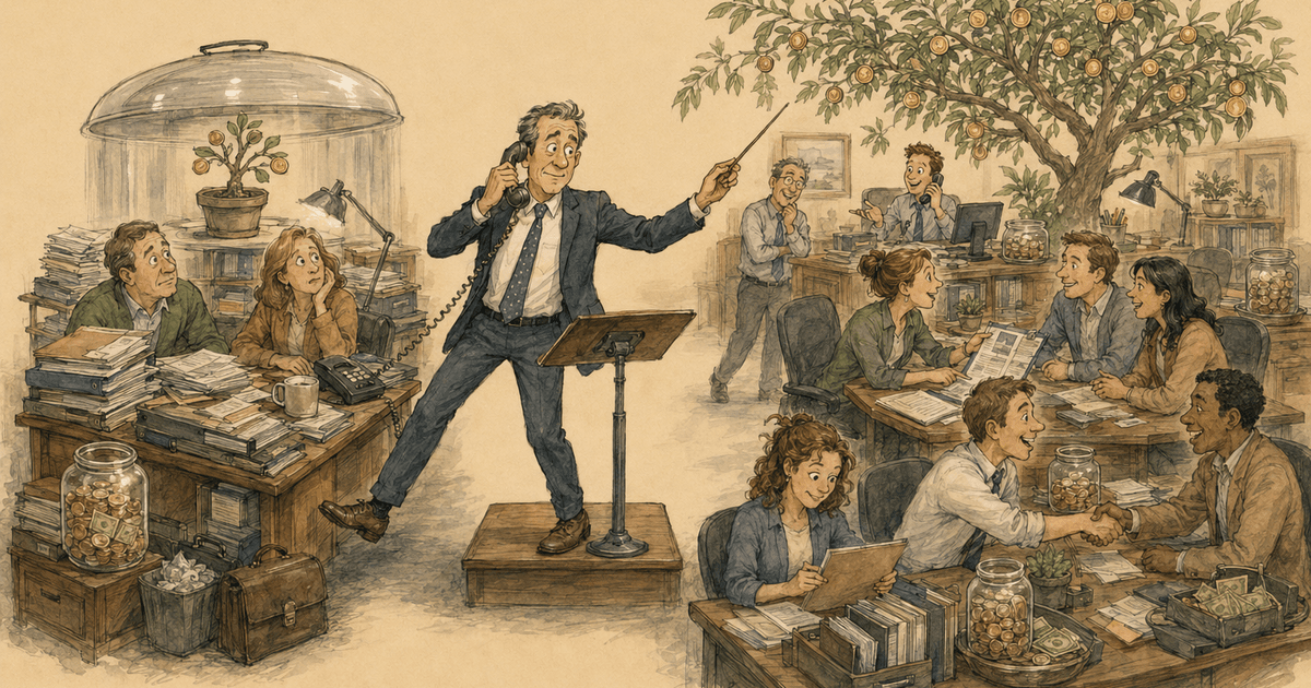 Watercolor editorial cartoon of an agency owner setting down a sales bag to pick up a clipboard and coach a row of producers.