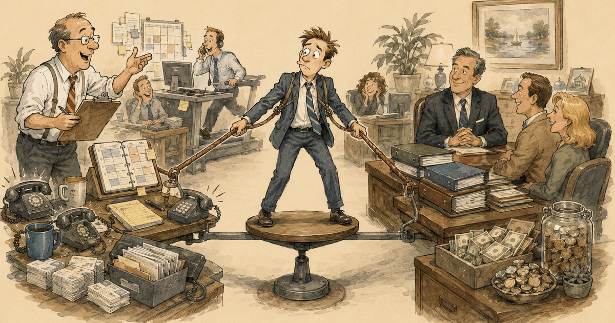 Watercolor editorial cartoon of an agency owner holding two dials, one labeled activity and one labeled premium, tuning between them.