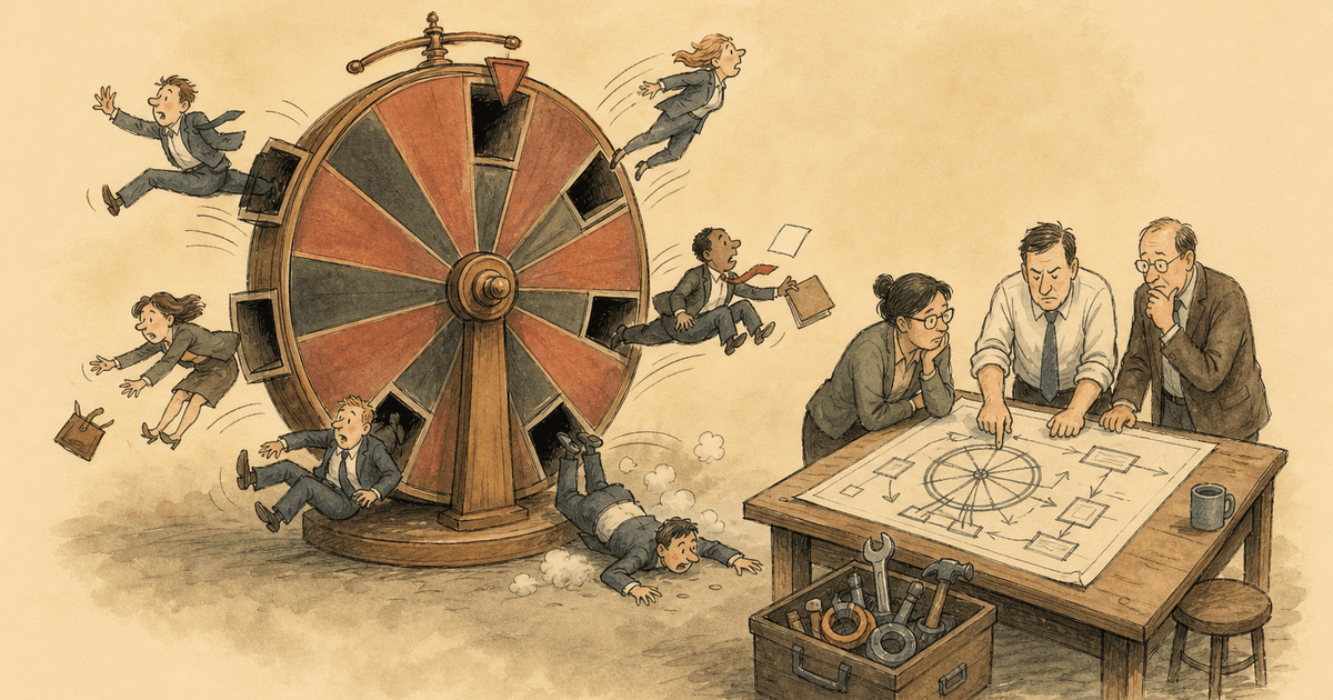 Watercolor editorial cartoon showing the repeating pattern behind the high producer failure rate.
