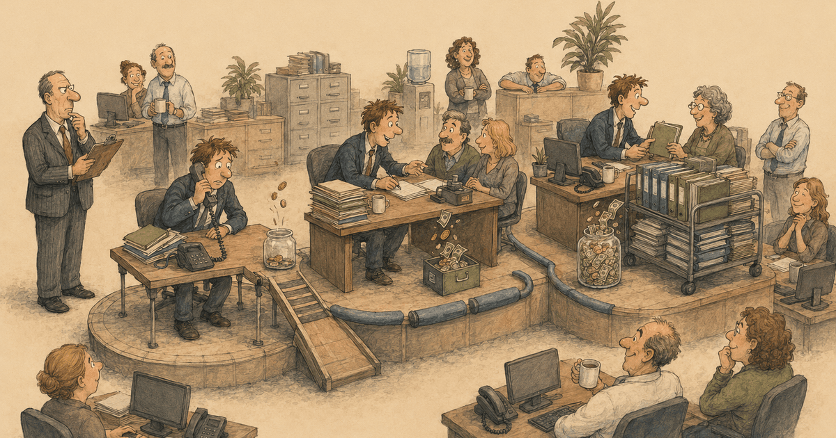 Watercolor editorial cartoon of an agency owner reading a three-year producer scorecard pinned to the wall.