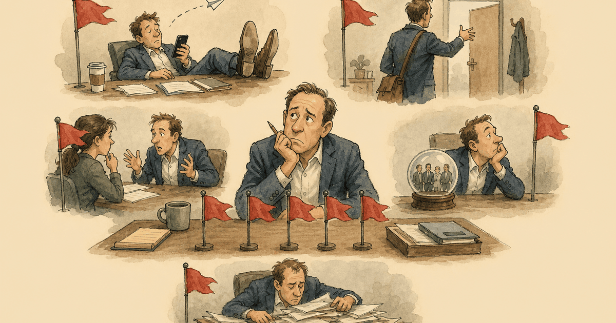 Watercolor editorial cartoon of an agency owner spotting red flags in a new producer's first month.