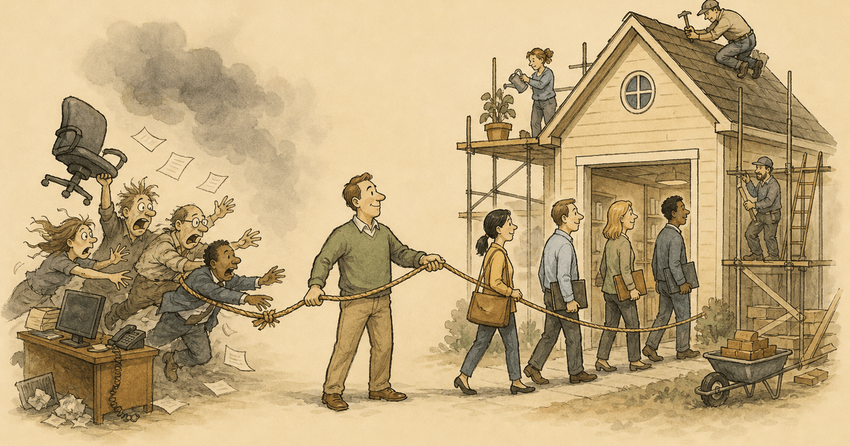 Watercolor editorial cartoon of an agency owner stuck rehiring the same seat out of desperation.