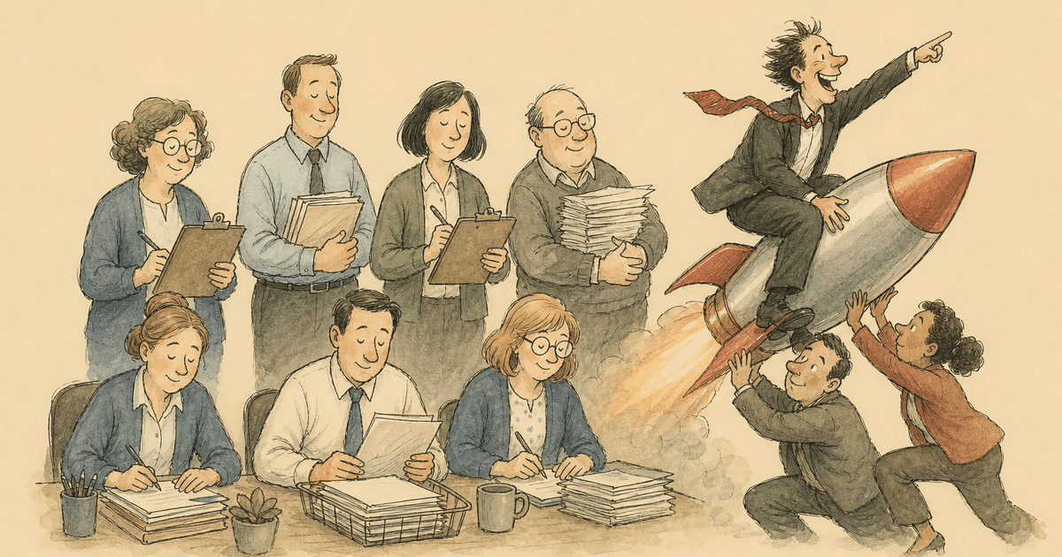 Watercolor editorial cartoon of an agency team weighted toward steady personalities needing a challenger.