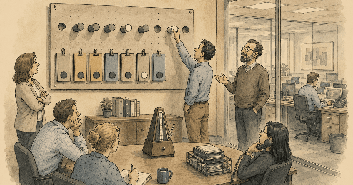 Watercolor editorial cartoon of an agency owner running a tight weekly producer meeting with a one-page agenda on the table.