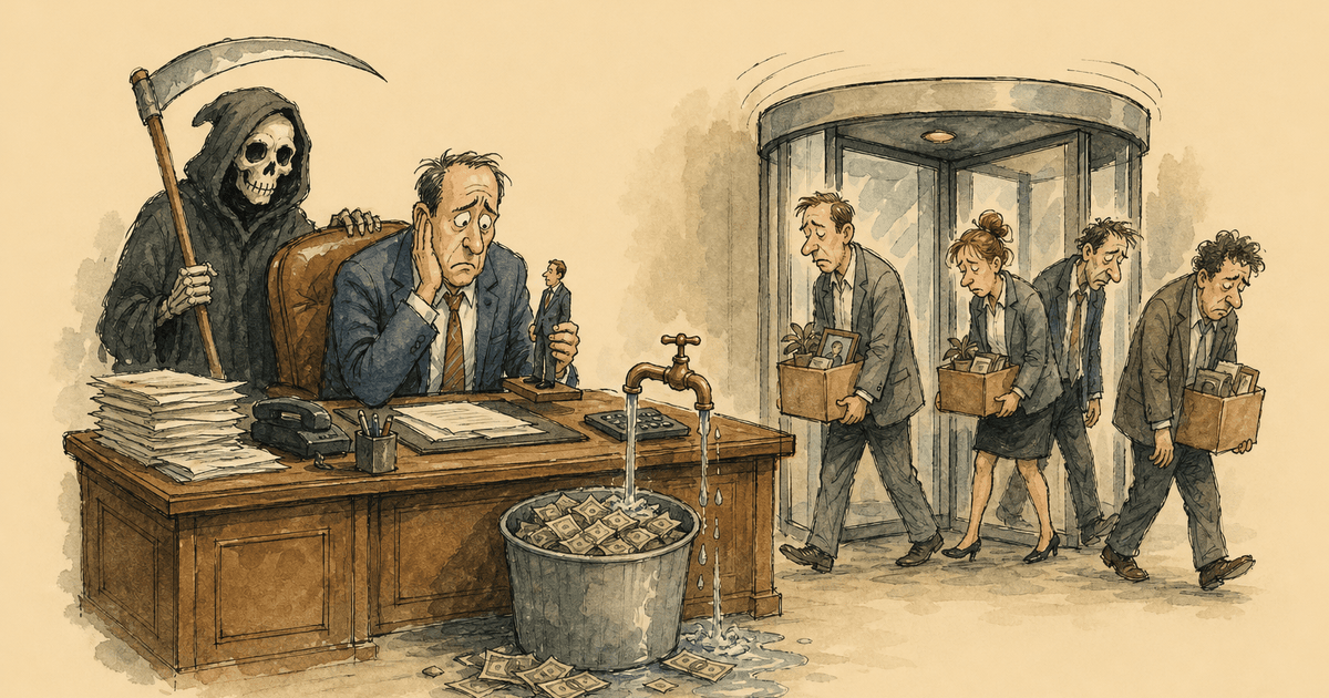 Watercolor editorial cartoon of an agency team facing the true cost of a bad hire.