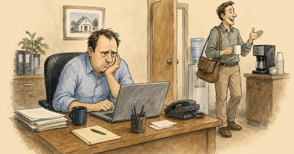 Watercolor editorial cartoon of an agency owner job-board hunting while the ideal producer chats nearby.