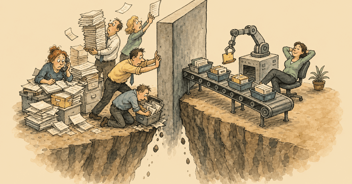 Watercolor editorial cartoon of an agency hitting an operations wall between years five and ten.